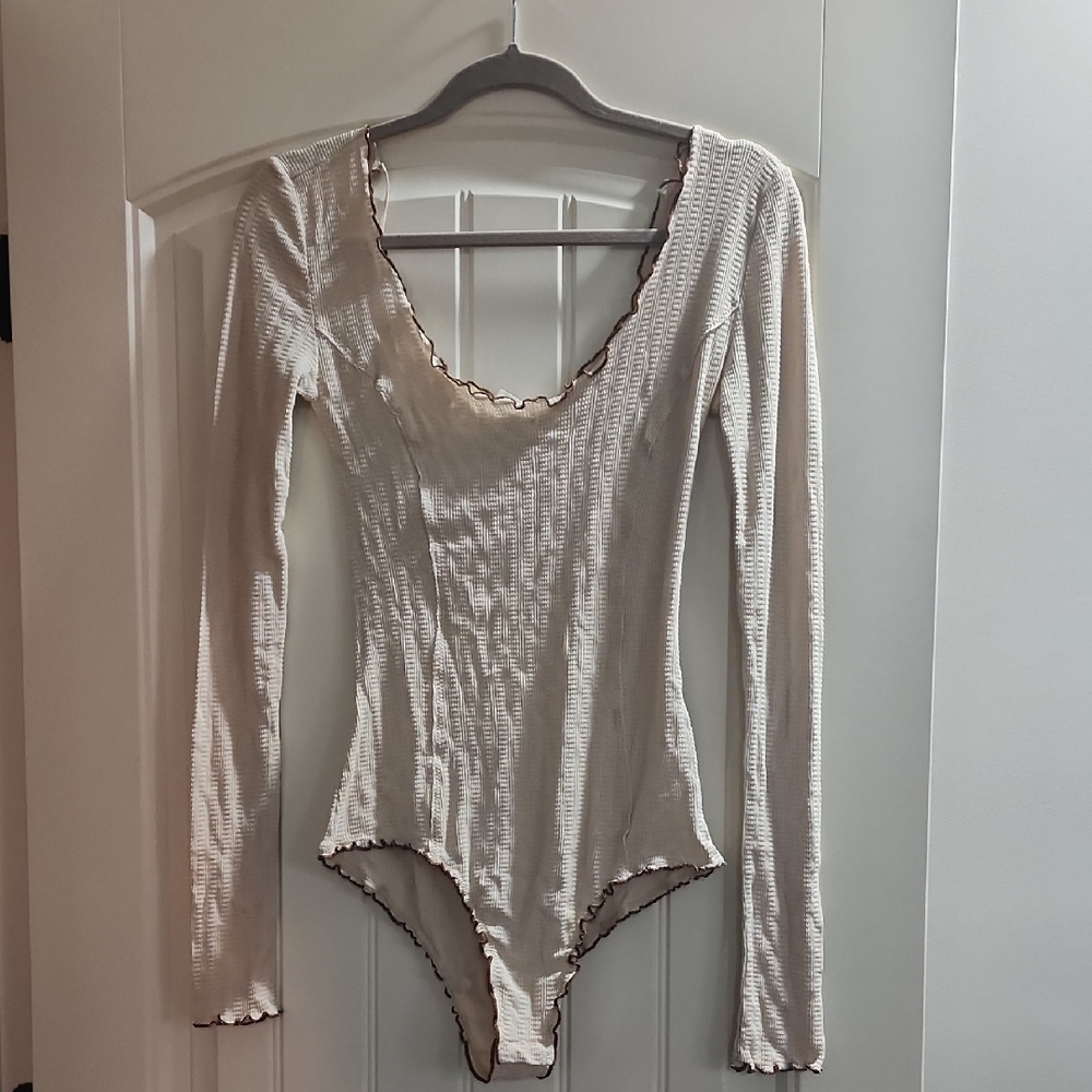 Free People Cream Long Sleeve Bodysuit with Brown Trim